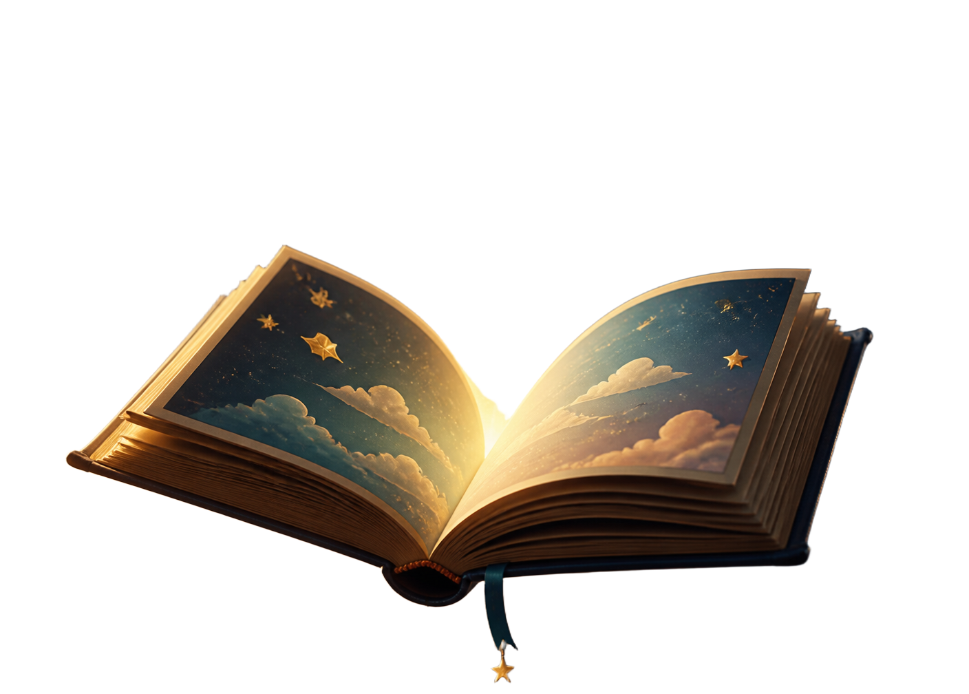 An open Kidaluma storybook with golden light rising from its pages